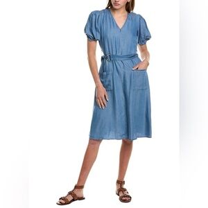 HOPE AND HARLOW Midi Shift Blue Chambray Dress Belted Peasant Prairie Modest